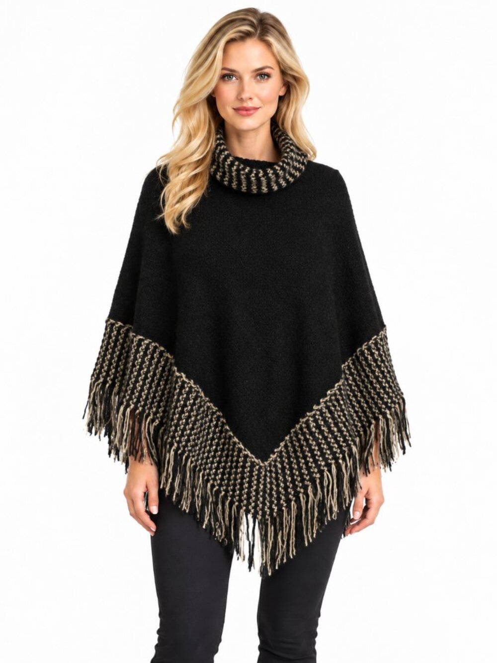 Women’s Cowl Neck Knit Poncho Black Beige Fringe Acrylic One Size 33" Wide